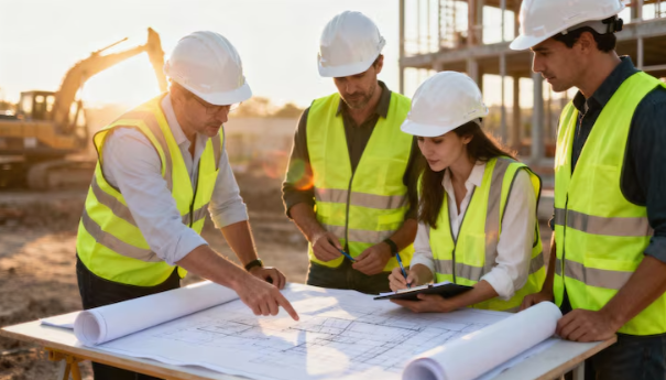 Equipo de ingeniería de GM revisando planos en obra